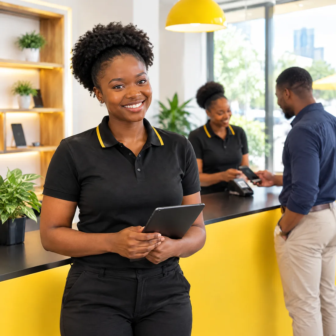 A Sao agent at her service counter in Accra