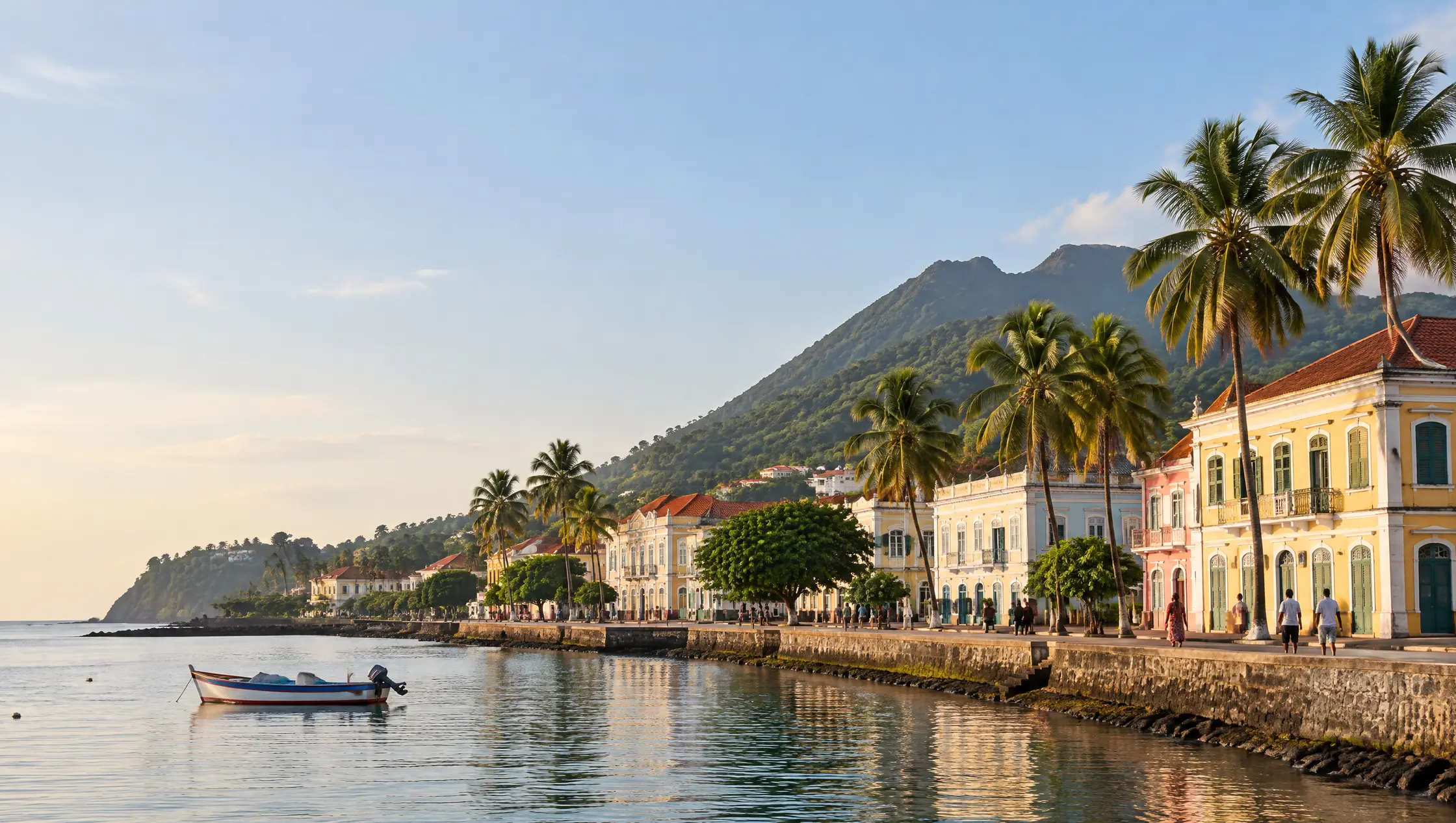 Colonial buildings and palm trees on the São Tomé waterfront