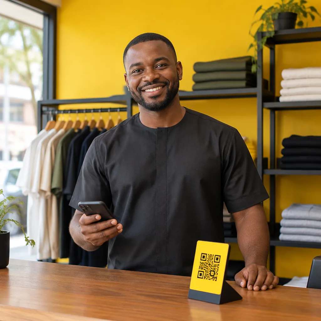 A boutique owner behind his counter with a Sao QR stand