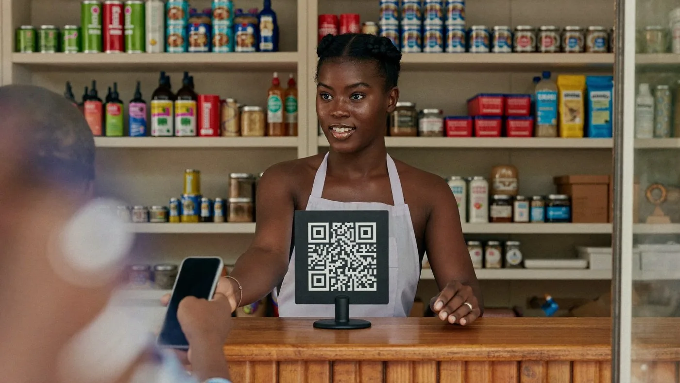 A shop owner behind her counter with a QR code stand