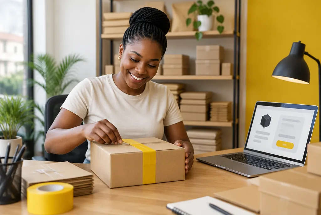 An online shop owner packing an order beside her laptop