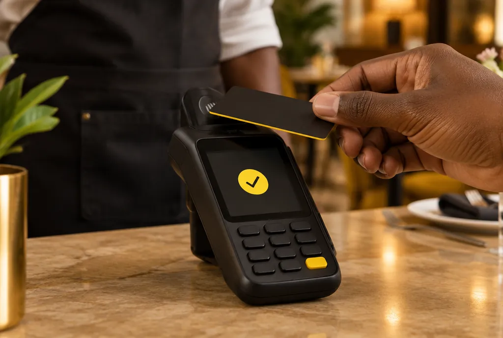 A customer tapping a card on a matte black Sao POS terminal