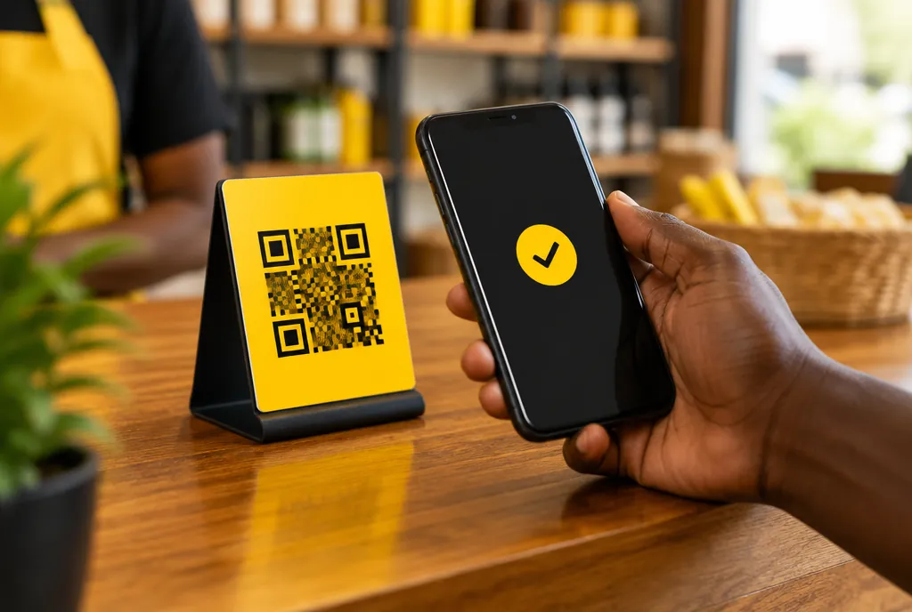 A customer scanning a yellow Sao QR stand on a shop counter